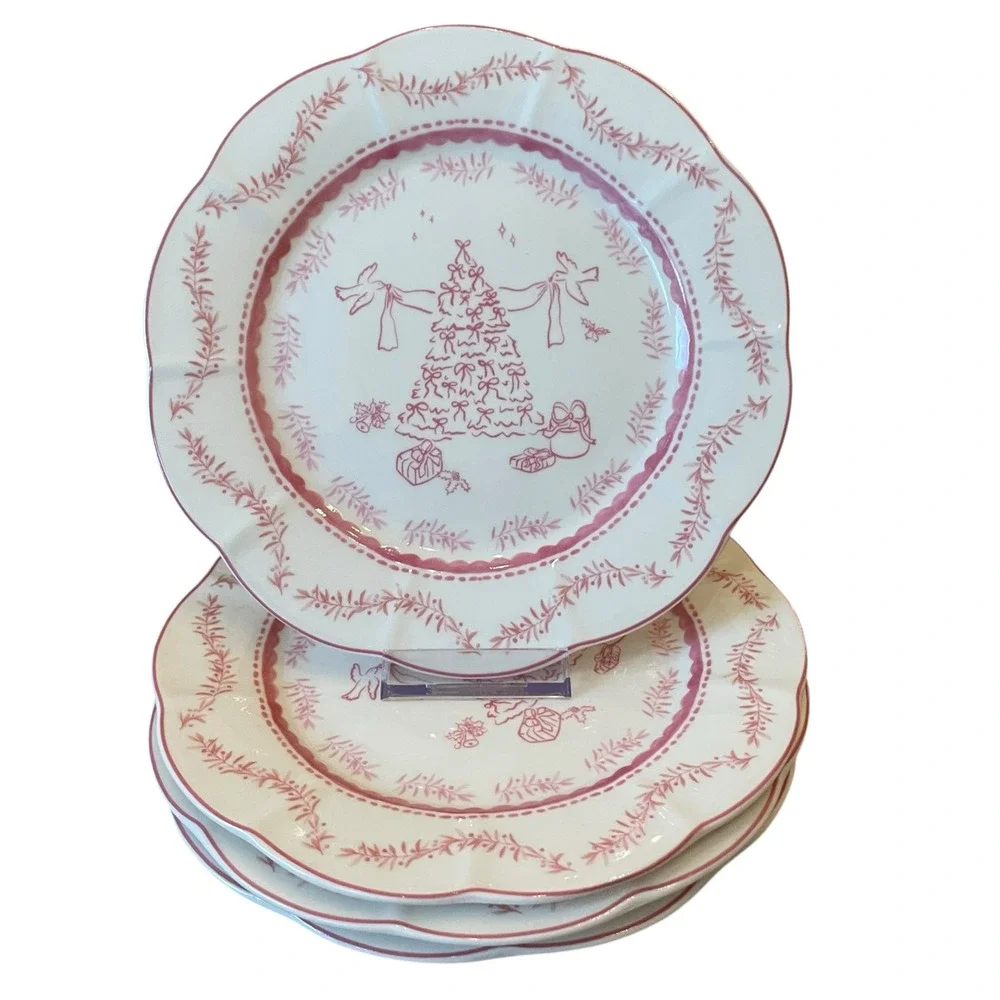 Monterey Bay Porcelain Christmas Dinner Plates 10.5in Pink & White Set of 3 NEW